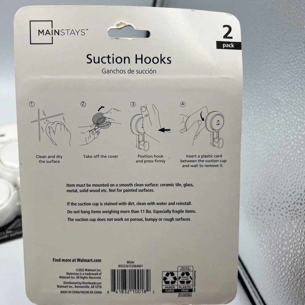Mainstays Suction Hooks  Set of 2 Total Lot Of 2 -‎ 4 Total Pieces NEW
